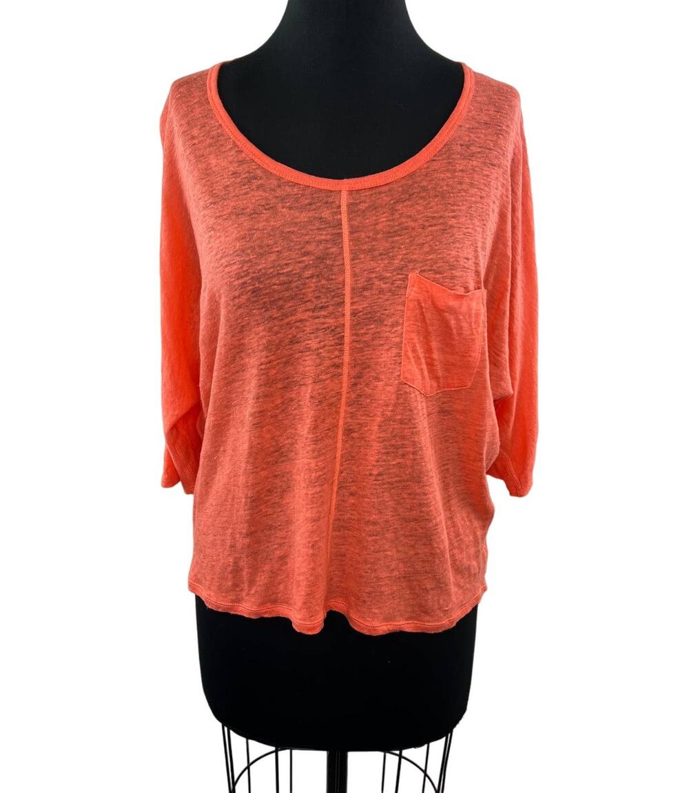 C&C California Orange Linen Knit 3/4 Sleeve Dolman Relaxed Top Burnout Pocket S
